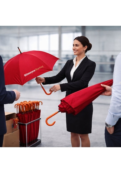 Bk Gift Bk Kurumsal Promosyon 5101 Kırmızı Baston Şemsiye 10 Adet 8 Telli Dayanıklı Logolu Şemsiye