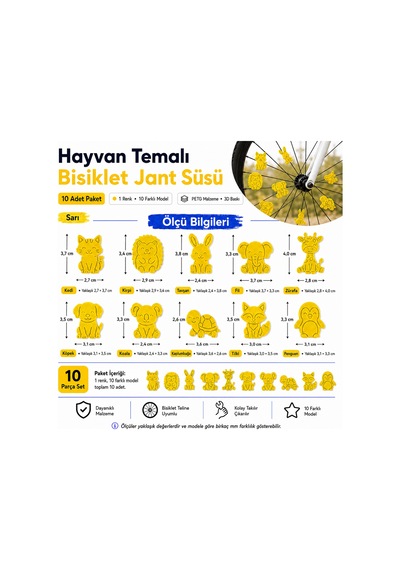 Hayvan Temalı Bisiklet Jant Süsü 20 Parça 2 Renk 10 Farklı Model Mor-sarı