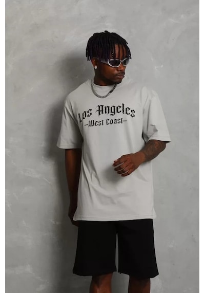 Efnaz Style Unisex Oversize Baskılı Bisiklet Yaka T-shirt - Gri