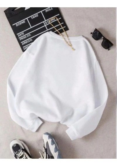 Mbb E-ticaret Kadın 3 İplik Pamuklu Bisikilet Yaka Sweatshirt - Beyaz