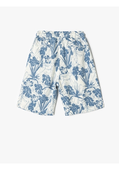 Koton Keten Şort Cepli Beli Lastikli Floral Baskılı Bej Desenli 4skb40092tw Ekru