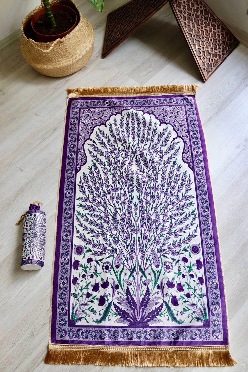 Çini Desenli İpek Dokulu Keseli Seccade S1027 Mor Renk Mor