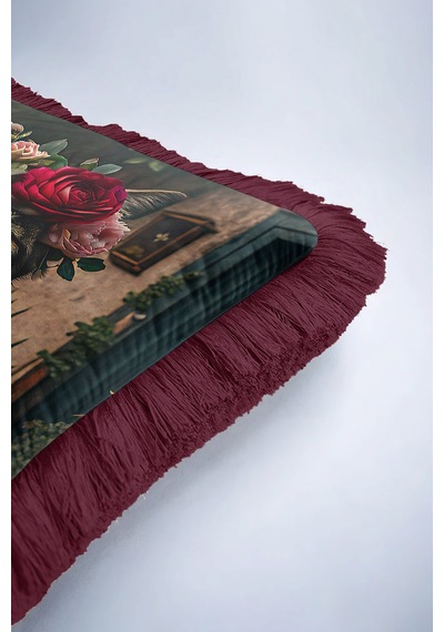 Bohem Lüks Çiçekli Saçaklı Yastık Kılıfı - Sanatsal Kedi Vintage Bordo Püsküllü Kırlent Kılıfı Tozlu Toprak Siyah Bohem Lüks Çiçekli Saçaklı Yastık Kılıfı - Sanatsal Kedi Vintage Bordo Püsküllü Kırlent Kılıfı Tozlu Toprak Siyah