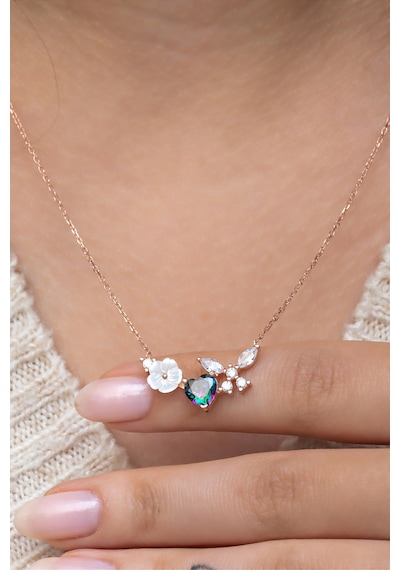 925 Ayar Gümüş Manolya Çiçeği Mistik Topaz Taşlı Kalp Yusufcuk Kolye Rose Gold