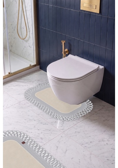 Banyo Paspası Takımı 70x110+50x70 Cm Dış Trikot Ekru & Gümüş Gri Ekru - Gümüş Gri