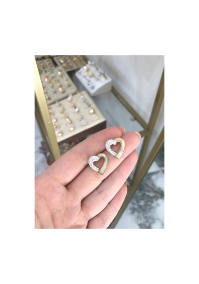 Taş Detaylı Kalp Küpe Altın