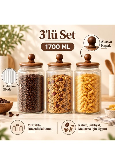 Tr 3'lü 1700 Ml Akasya Kapaklı Çizgili Cam Kavanoz Saklama Seti Genel