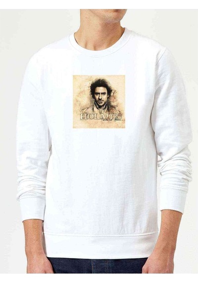 Sherlock Holmes 2 Baskılı Beyaz Erkek Örme Sweatshirt