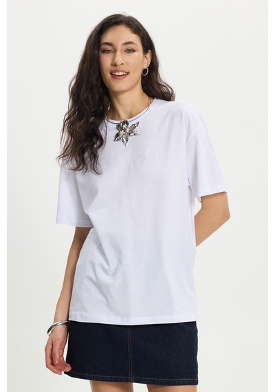 Tudors Kadın Slim Fit Dar Kesim Pamuk Kısa Kollu Bisiklet Yaka Beyaz Tişört-50381 L