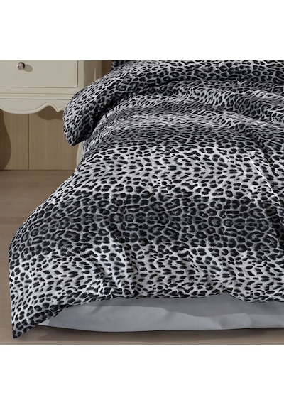 Çift Kişilik Leopar Desen Nevresim Takımı 200x220 4 Yastık Kılıfı Lastikli Çarşaflı 160x200+30 Gri