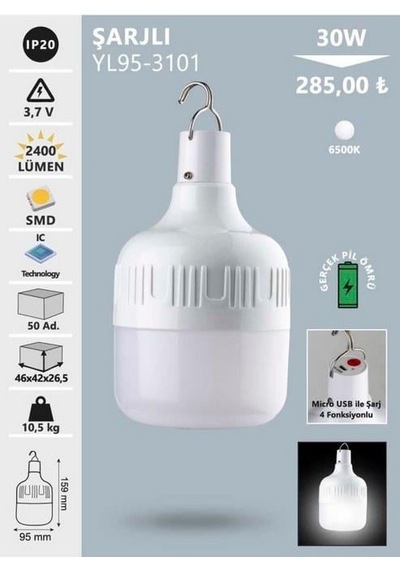 Noas Yl95-3101 30w Şarjlı Led Torch Ampul E27 Beyaz Işık 6500k 220v Rastlamak