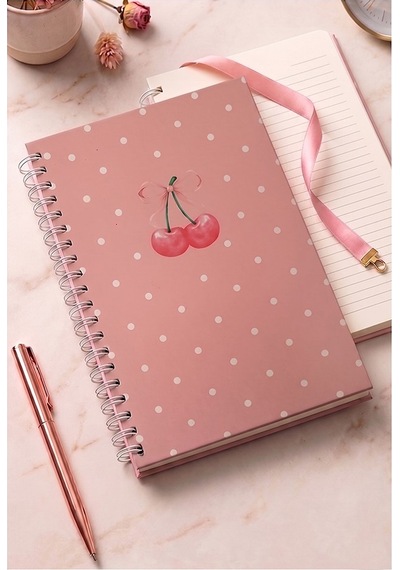 Kiraz Desenli Pembe Sert Kapak Spiralli Çizgili Defter 17x24cm 120 Yaprak 1 Adet Not Defteri Okul Büro Ofis Defteri