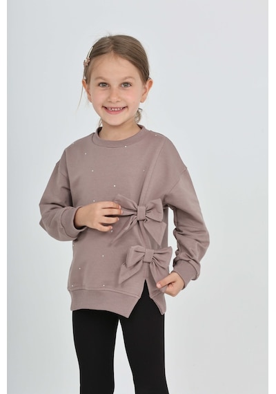 Toontoy Kız Çocuk Taşlı Fiyonklu Sweatshirt Koyu Kahverengi