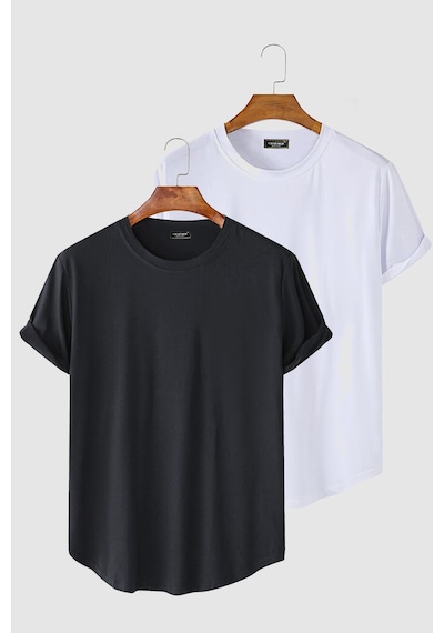 2'li Erkek Antrasit - Beyaz Kolları Katlı Oval Kesim Cepsiz Bisiklet Yaka T-shirt Antrasit-beyaz 2'li Erkek Antrasit - Beyaz Kolları Katlı Oval Kesim Cepsiz Bisiklet Yaka T-shirt Antrasit-beyaz