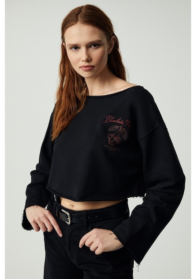 Ethıquet CARIBOU Kadın Asimetrik Yakalı Şardonsuz Tek Omzu Açık Baskılı Siyah Sweatshirt