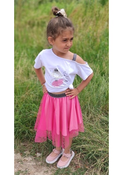 Novy Baby Tüllü Etek Düşük Omuzlu Tshirt Kız Çocuk 2'li Takım - 2-9 Yaş
