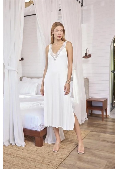 Ang Butik Kadın Göğüs Ve Sırt Dekolteli Dantelli Ve Yırtmaçlı Gecelik BEYAZ