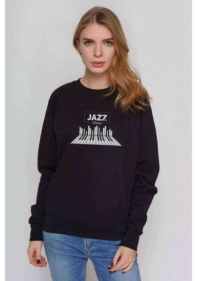 International Jazz Day Piano Shadow Baskılı Siyah Kadın Sweashir