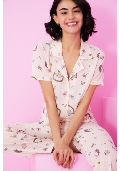 Siyah İnci Pointel Ajurlu/delikli Gömlek Yaka Örme Düğmeli Pijama Takım Somon Unicorn