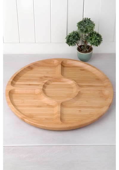 Balsa Bambu 5 Bölmeli Kahvaltı Sunum Tabağı -çerez Tabağı - Lüx Tasarım 30x30 Cm Tex53030 Kahverengi