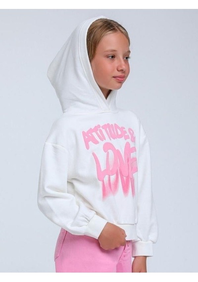 Kız Çocuk Kapüşonlu Love Yazılı Sweatshirt-14315 Beyaz