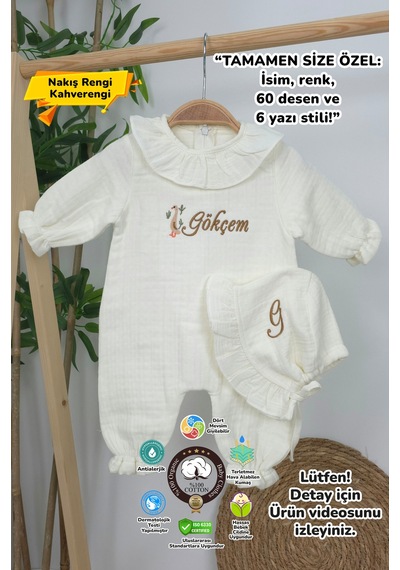 Gros Shop Müslin Yeni Doğan 4katlı Organik %100pamuk Kişiye Özgü Nakışlı Hastane Çıkış Seti Ördek Model-1 Ekru