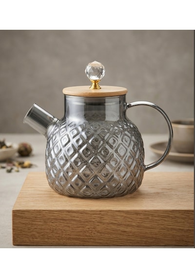 Isıya Dayanıklı Baklava Desen Cam Demlik Bambu & Metal Kapaklı Kulplu Süzgeçli 1000 Ml Füme Renk Gri