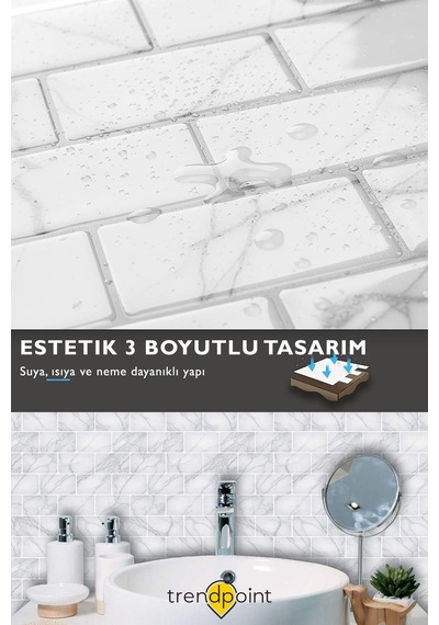 Trendpoint 3d 30 30cm Mutfak Tezgah Arkası Kaplama Kendinden Yapışkanlı Beyaz Mermer Seramik Görünüm