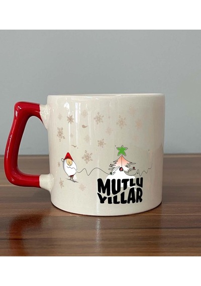 Mutlu Yıllar Kar Taneleri Baskılı Kırmızı Kulplu D Yılbaşı Kupası