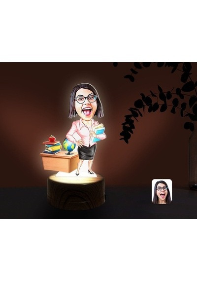 Kişiye Özel Kadın Öğretmen Karikatürlü Dekoratif 3D Biblo Led Işı (481501342)