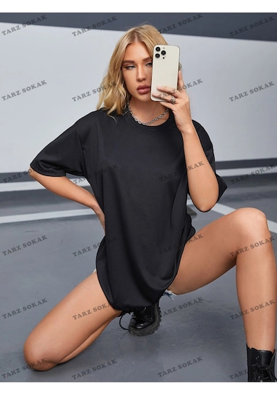 Startmore Düz 4 Baskısız Baskılı Oversize Kalıp Unisex T-shirt Siyah