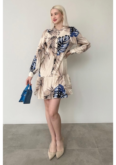 Madmext Saks Desenli Düğmeli Kısa Kadın Elbise Mg2432 Saks