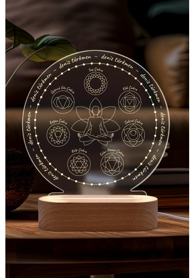 Yoga Çakra Sembollü Kişiye Özel Ledli Gece Lambası Masif Ahşap Tabanlı Usb Kablolu Pleksi Led Gece Lambası