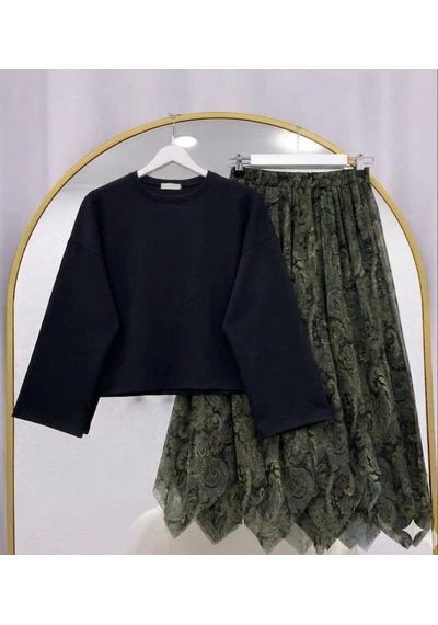 Lovie Moda Basic Bluz Asimetrik Kesim Astarlı Şifon Etekli Takım Siyah-haki