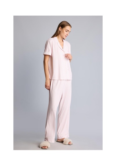Defacto Regular Fit Kısa Kollu Pötikare Desenli Düğmeli Pijama Takımı H5759ax26aupn440 Pembe-pn440