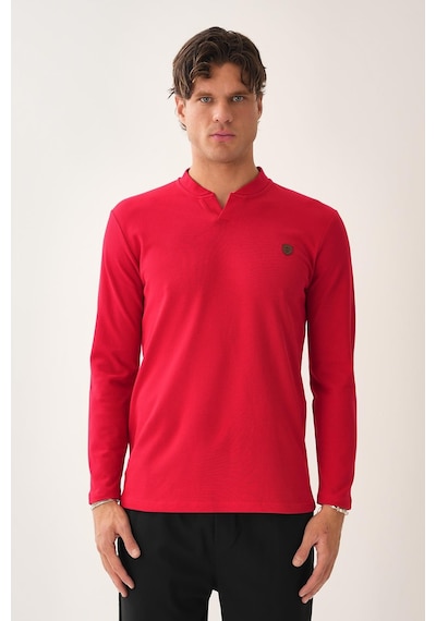 V Yaka Yırtmaç Detaylı Uzun Kollu T-shirt Kırmızı