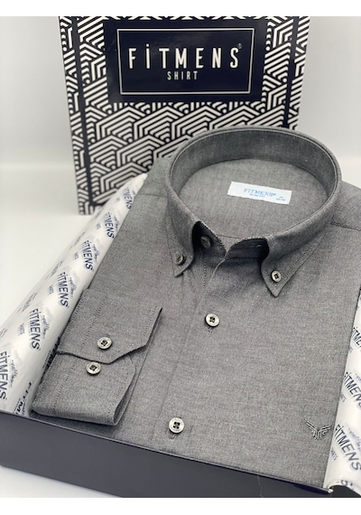 Slim Fit Uzun Kol Pamuklu Hediye Kutulu Kolay Ütülenebilir Erkek Gömlek Fs-002225 - Antrasit-2669
