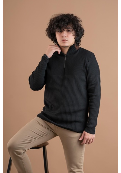 Fermuar Yaka Yarım Balıkçı Likralı Erkek Sweatshirt Siyah