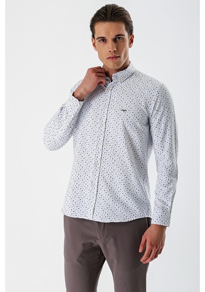 İmza Beyaz Uzun Kollu Baskılı Bez Ayağı Düğmeli Yaka Cepsiz Pamuklu Slim Fit Gömlek 1004235170-beyaz Beyaz