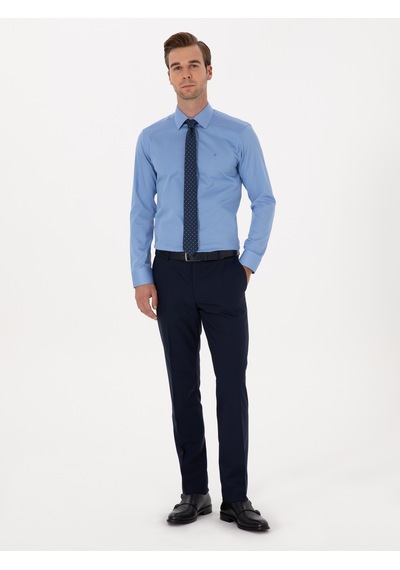 Cacharel Koyu Mavi Slim Fit %100 Pamuk Klasik Gömlek