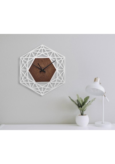 Ahşap Geometrik Desenli Altıgen Model Duvar Saati
