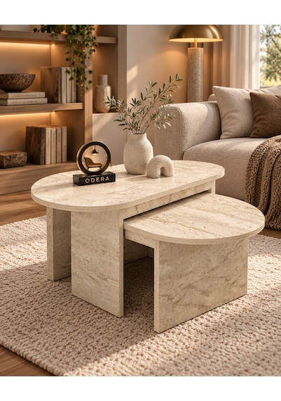 Odera Setro Ekru Traverten Desenli Oval Orta Sehpa 2'li Set İskandinav Retro Salon Sehpası Diğer Odera Setro Ekru Traverten Desenli Oval Orta Sehpa 2'li Set İskandinav Retro Salon Sehpası Diğer