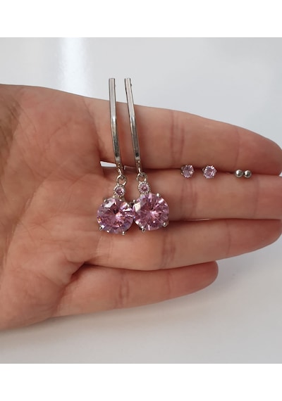 Pembe Taşlı 4'Lü Gümüş Renkli Küpe Pembe