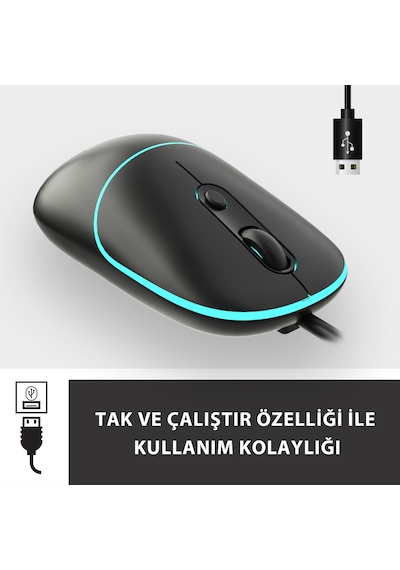 Lecoo MS110 USB Kablolu RGB 2400DPI 4 Tuşlu Sessiz Click Optik Mouse