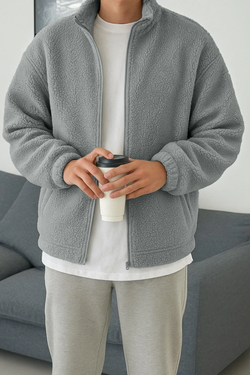 Ghassy Co. Erkek Isı Termal İç Dış Sherpa Sonbahar Kış Tam Fermuarlı Peluş Polar Sweatshirt Açık Gri