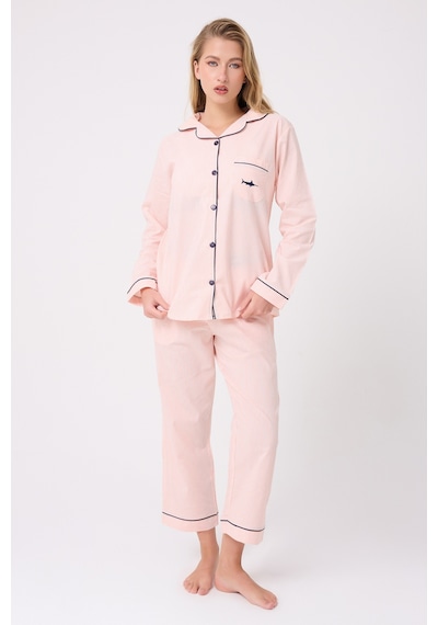 Lespadon Marısılk Seastrıpe Premium Dokuma Uzun Kollu Crop Pantolonlu Kadın Pijama & Lounge Takımı-3199 Pembe