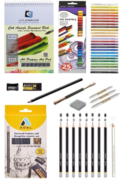 Alex Schoeller200gr A5 20 Yaprak Dereceli Kalem Seti 8'li Daler Rowney Simply Yağlı Pastel 25 Renk