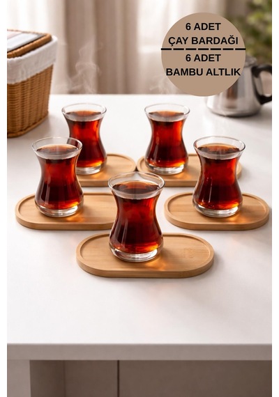 6 Adet Cam İnce Belli Çay Bardağı + 6 Adet Bambu Bardak Altlığı Çay Servis Ve Sunum Seti Şeffaf
