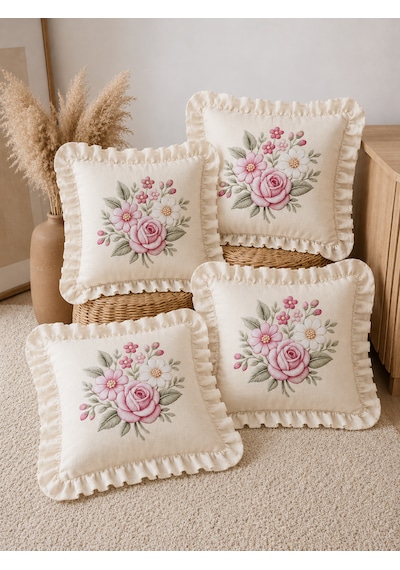 4'lü Fırfırlı Çiçek Desenli Dekoratif Kırlent Kılıfı %100 Pamuk Organik Boya Baskılı 45x45 Cm Şeffaf
