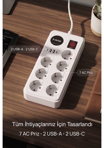 Akım Korumalı Priz 7'li + 2x Usb-a + 2x Usb-c 2 Metre Kablo 0 - 2 M